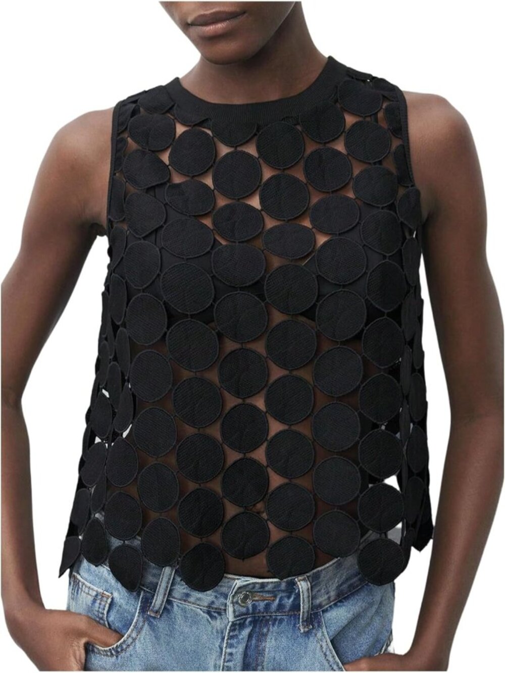 🆕Women's Black Sheer Tank Tops See Through Polka Dots Sleeveless Vest Shirts